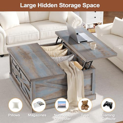 Itaar 39.4'' Lift Top Coffee Table with Storage, Farmhouse Coffee Tables for Living Room, Square Coffee Table with Large Hodden Compartment & 2 Drawrs & Adjustables Shelves (Blue) - color: Blue