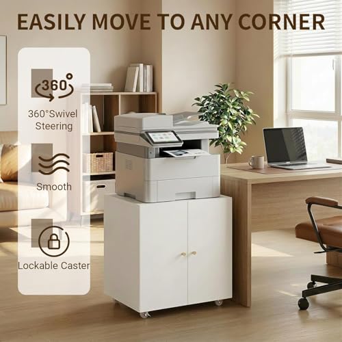 Metal Printer Stand with Storage Cabinet & Wheels, Heavy Duty Rolling Printer Cart with Adjustable Shelf, Large Printer Table for Home Office, Under Desk Printer Cabinet, White 23.6” H