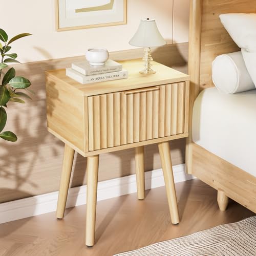 VINGLI Night Stand Set 2, Fluted Nightstands with Drawer, Mid Century Modern Nightstands Set of 2, Bedside Table, End Table, Wood Nightstand for Bedroom, Natural Oak, 15.75" W*11.81" D*21.85" H - color: Oak, size: 15.7"W-1 Drawer