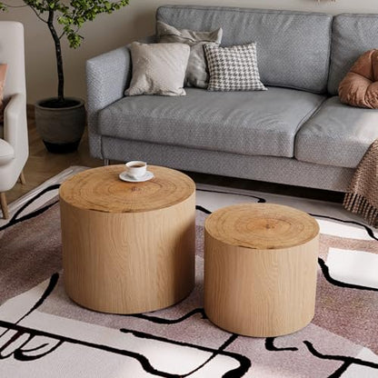 Nesting Coffee Table Set of 2, Modern Round Coffee Table, Wooden Circle Accent Tables for Small Spaces Living Room Bedroom Balcony Office Drum Side Table, Natural Wood - color: Natural Wood