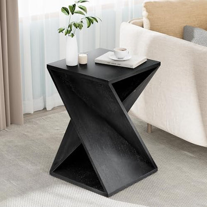COZAYH Farmhouse Square Solid Wood Twisted Pedestal Side Table, Black | Modern Minimalist End Table Plant Stand for Living Room, Bedroom, Office, Rustic - color: Black