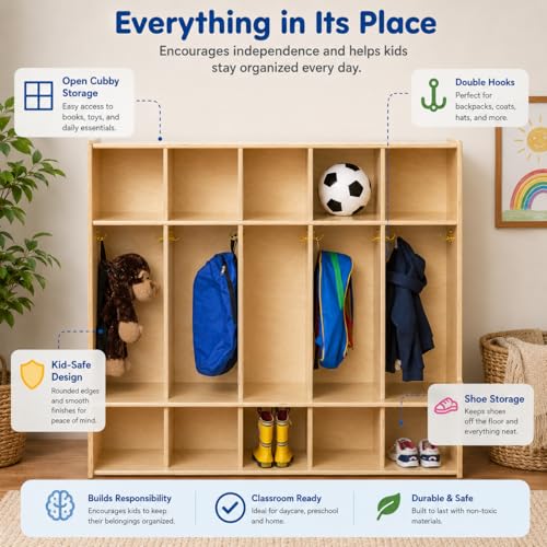 Contender 5-Section Coat Locker with Bench & Cubby Storage for Kids, Backpack Organizer with Cubbies Storage for Daycare, Preschool, Kindergarten [Natural] - style: Assembly Required