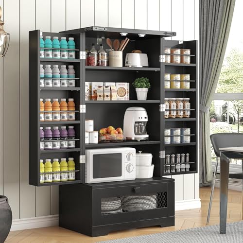 kepptory Farmhouse Pantry Cabinet with Barn Door & Adjustable Shelves, Freestanding Kitchen Storage Cabinet for Dining Room, Bathroom, Hallway (Black) - color: Black, size: 16"D x 24"W x 47"H