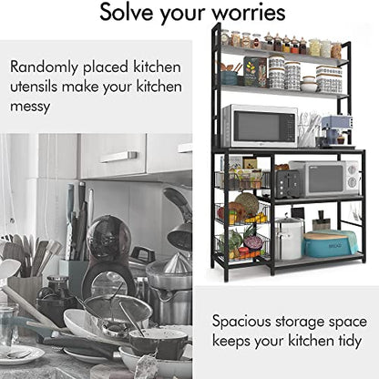 Kitchen Bakers Rack with Baskets,Free Standing Shelf,5-Tier Kitchen Utility Storage Shelf with Hooks, Microwave Oven Stand Rack Grey - color: Grey