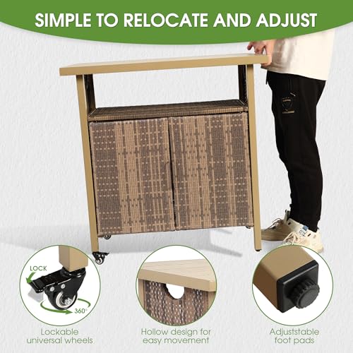HOMEFUN Outdoor Bar Table with Storage Cabinet Patio Serving Carts on Wheels Wicker Grill Cart Prep Station Rolling Kitchen Island for Outside Backyard and Patio, Brown - color: 03-beige