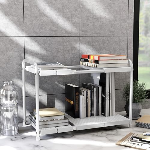 Simple Houseware Under Sink 2-Tier Heavy Duty Expandable Organizer, White | Adjustable Width 15.75–25 Inches with 4 Shelf Height Levels - color: White