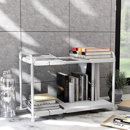 Simple Houseware Under Sink 2-Tier Heavy Duty Expandable Organizer, White | Adjustable Width 15.75–25 Inches with 4 Shelf Height Levels - color: White
