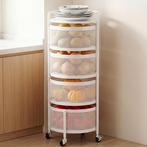 JAQ No Assembly White Rotating Kitchen Storage Rack, 4-Tier Metal Basket Organizer with Wheels, Fruit & Vegetable Storage Cart for Pantry, Potato and Onion Storage, White - color: White