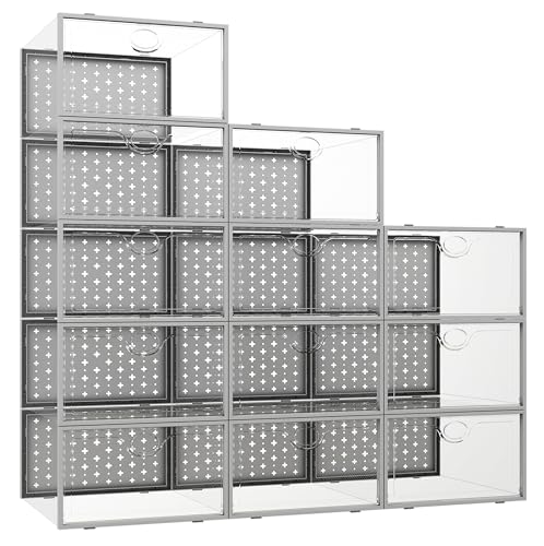 12 Pack X-Large Shoe Storage Boxes, Shoe Organizer Clear Stackable | Fit US Size 11, 6.2” Height, Shoe Dispaly Case Holder Bins Sneaker Storage for Sneakerheads, For Home and Family, Grey - color: Grey, size: 12 Pack
