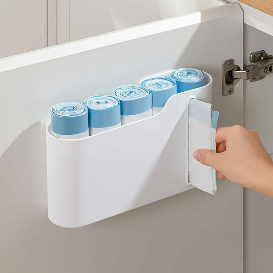 Trash Bag Holder, Stackable Garbage Bag Dispenser, Compact Dispenser with Built-In Slot for Multi-Roll Storage, Kitchen Bathroom and Utility Room Organizer, White