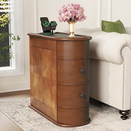 Multifunctional Classic End Table with Charging Station, Sofa Side Narrow Table Bedside Nightstand with Drawers, No Assembly Required - color: Walnut-6.26
