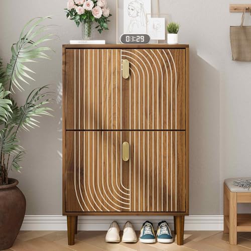 Shoe Cabinet Storage for Entryway, Narrow Slim Shoe Storage Cabinet with 2 Flip Drawers, Freestanding Shoe Rack Organizer Cabinet with Line Groove Design for Hallway, Brown - color: Brown