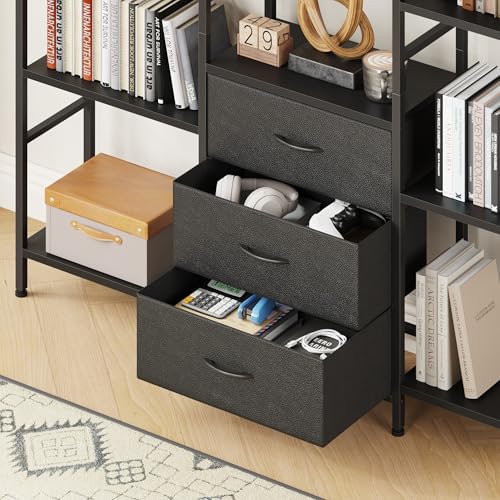 AFLUI Triple Bookshelf with 3 Fabric Drawers, 5-Tier Book Shelf and 10 Display Shelves, Industrial Large Bookcase for Home & Office, Black, 47'' Wide - color: Black, size: 5 Tier(47" W)