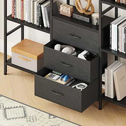 AFLUI Triple Bookshelf with 3 Fabric Drawers, 5-Tier Book Shelf and 10 Display Shelves, Industrial Large Bookcase for Home & Office, Black, 47'' Wide - color: Black, size: 5 Tier(47" W)