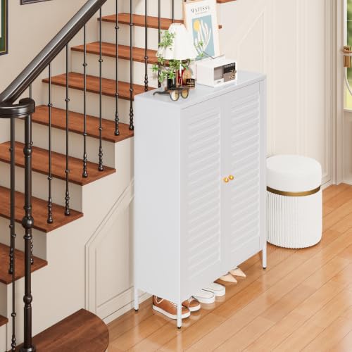 Metal Shoe Cabinet with 4-Tier & 3 Adjustable Shelves | 40” Tall White Freestanding Shoe Storage Organizer with Louvered Doors, Shoe Rack for Entryway, Hallway, Front Door