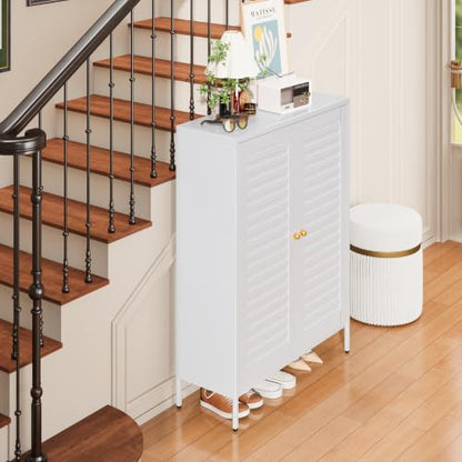 Metal Shoe Cabinet with 4-Tier & 3 Adjustable Shelves | 40” Tall White Freestanding Shoe Storage Organizer with Louvered Doors, Shoe Rack for Entryway, Hallway, Front Door