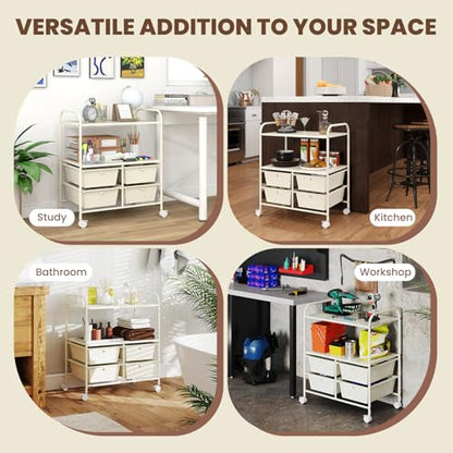 RELAX4LIFE Rolling Storage Cart with 4 Drawers - Utility Cart on Wheels w/2 Shelves & Metal Frame, Paper Scrapbook File Organizer for Home Office School Classroom, Movable Art Craft Cart (White) - color: White