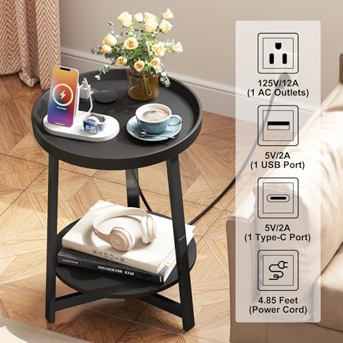 Round Industrial Side Table with Charging Station,2-Tier Round End Table with USB Port & Power Outlet, Nightstand with Metal Frame for Small Spaces, Living Room, Bedroom, Black - color: Black, style: With Charging Station