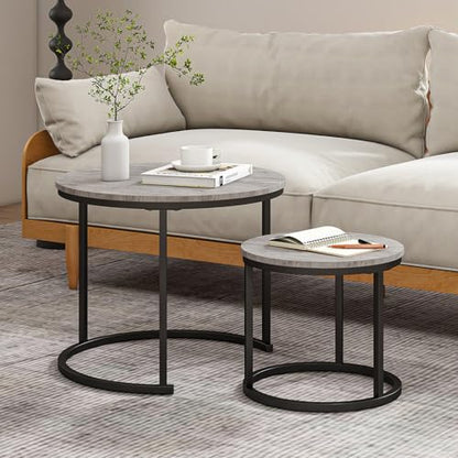 HOJINLINERO Round Coffee Table,Nesting Coffee Table Set of 2,Center Tables for Living Room,Office, Home Small Space,Small Table Stacking Side Tables,Sturdy and Easy Assembly,Wood Desktop,Black+Grey - color: Grey, size: Small