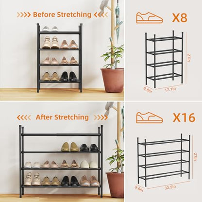 Uneviesyka Expandable Shoe Rack Organizer,Adjustable and Stackable Shoe Storage Shelf,Heavy Duty Metal Small Shoe Rack for Closet Entryway Bedroom (Black, 4 Tier) - size: 4 Tier
