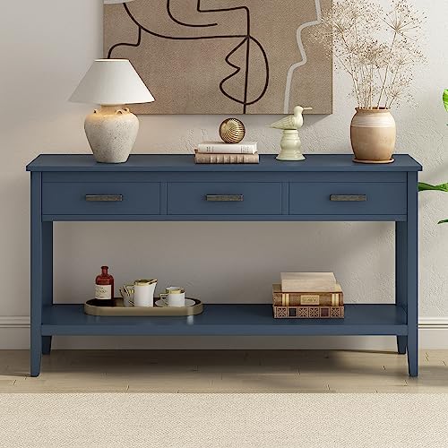 Merax Entryway Console Table with Storage, 3 Drawers Design/Wood Frame/Behind Couch & Sofa, Blue - color: Blue