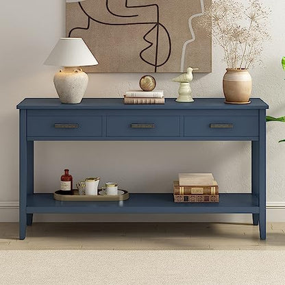 Merax Entryway Console Table with Storage, 3 Drawers Design/Wood Frame/Behind Couch & Sofa, Blue - color: Blue