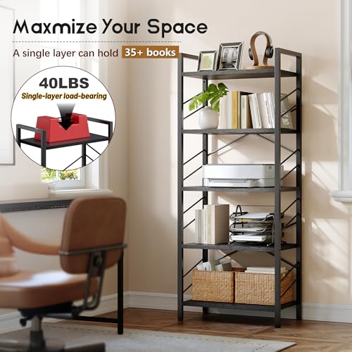 DurayLoly 5-Tier Bookshelf, Black Metal Bookshelf for Home Office, Black | Robust Steel Frame, Stable X-bracing Design, Large Capacity - color: Black, size: 5 Tier - 1 pc