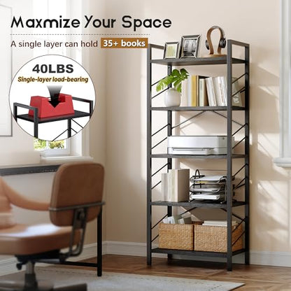 DurayLoly 5-Tier Bookshelf, Black Metal Bookshelf for Home Office, Black | Robust Steel Frame, Stable X-bracing Design, Large Capacity - color: Black, size: 5 Tier - 1 pc