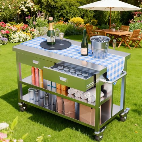 KINGBO 50" Stainless Steel Kitchen Island with Storage, Rolling Kitchen Island Table with 2 Drawers on Wheels, Portable Island Cart for Kitchen, Outdoor, Restaurant, Cafe