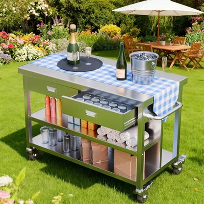 KINGBO 50" Stainless Steel Kitchen Island with Storage, Rolling Kitchen Island Table with 2 Drawers on Wheels, Portable Island Cart for Kitchen, Outdoor, Restaurant, Cafe