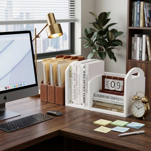 100% Solid Wood Adjustable Desktop Bookshelf, Retro Tabletop Book Shelf File Holder, Vertical Bookshelf Divider Desk Shelf for Home School Office Organization, Perfect for Books Magazine (White) - color: White