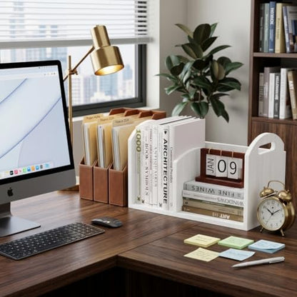 100% Solid Wood Adjustable Desktop Bookshelf, Retro Tabletop Book Shelf File Holder, Vertical Bookshelf Divider Desk Shelf for Home School Office Organization, Perfect for Books Magazine (White) - color: White