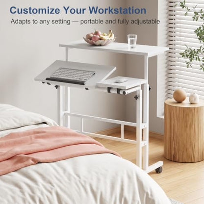 VECELO Mobile Small Standing Desk Adjustable Height, Computer Workstations with Tiltable Tabletop, Lockable Wheels, Portable Rolling Laptop Desk for Home Office, White - color: White