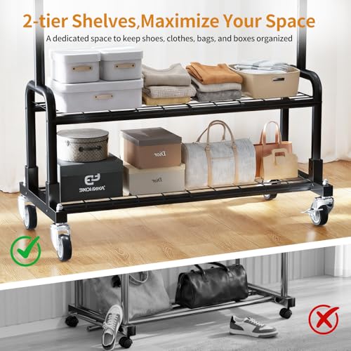 Luxspire Rolling Heavy Duty Clothes Rack with 2 Sturdy Shelves Load 600 LBS | Zinc-iron alloy frame, lockable silent wheels, adjustable extendable rods for bedroom and laundry room garment storage - color: Black