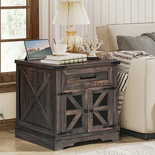RALGEND Farmhouse End Table with Charging Station, 24" Large Sofa Side Table with Drawer, Large End Table for Living Room, Wooden Nightstand with Outlet, Square, Dark Rustic Oak - color: Dark Rustic Oak