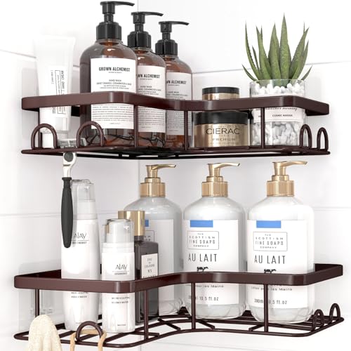 Sakugi Corner Shower Caddy - 2 Pack, Adhesive Shower Organizers, Rustproof Stainless Steel Shower Shelves with 8 Hooks, No Drilling Bathroom Organizers and Storage Racks, Space-Saving, Brown, Medium - color: Brown, size: Medium