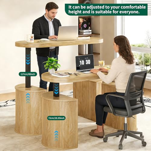 Mid Century Modern Electric Standing Desk with Storage, 55 x 22 Inch Small Sit Stand Up Desk, Wood Adjustable Height Computer Executive Desk for Home Office, Laptop, Oak - color: Wood