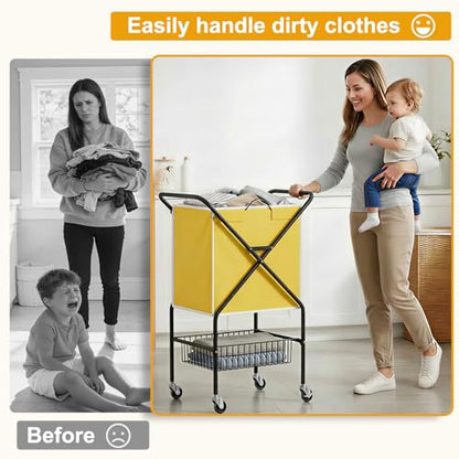 Convenient Laundry Basket with Wheels,36" High Easy Rolling Laundry Cart with Wheels,Heavy Duty Dirty Clothes Laundry Hamper with Handles Removable Bag for Seniors,Folding Metal Frame/Yellow/98L - color: Yellow