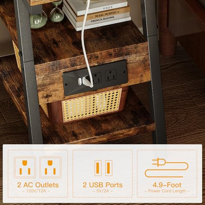 Side Table with Charging Station,3-Tier Small End Table,Lucky 7 Metal Shape | 2 AC Outlets + 2 USB Ports, Adjustable Feet, Nightstand for Bedroom, Living Room, Couch, Narrow Spaces, Rustic Brown - color: Rustic Brown
