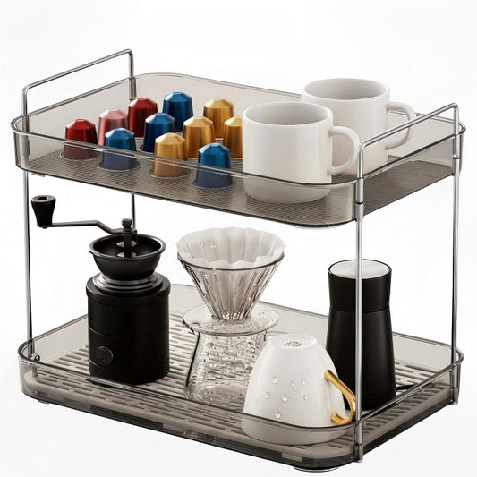 Coffee Bar Organizer, 2 Tier Coffee Station Trays, Mug Whiskey Holder Rack with Dual-Handle for Corner Accessories, Small Shelf Condiment Storage Caddy for Home Kitchen Office - Translucent Gray - color: Gray