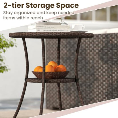 Tangkula 25.5" Wicker Patio Dining Table, Outdoor Round Bistro Side Table with Tempered Glass Top and Storage Shelf, for Balcony, Garden and Backyard