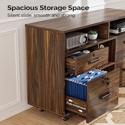 VINGLI Dark Brown Wood Lateral File Cabinet with Lock, 4 Drawer & 4 Open Shelves, Rolling File Cabinet for Home Office, Letter Sized - color: Dark Brown