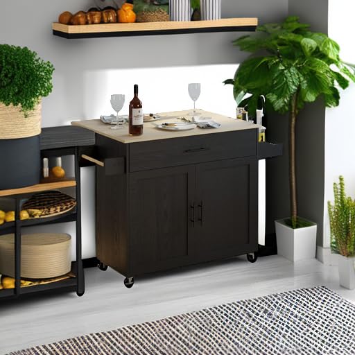 IRONCK Rolling Kitchen Island Cart with Drop-Leaf and Wine Rack, Black | Wheels, Drawers, Open Shelves, Adjustable Shelves, and Spacious Drawer Storage - color: Black