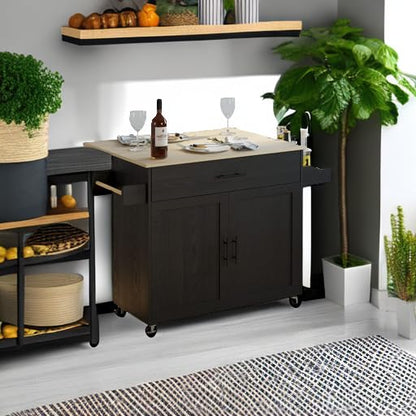 IRONCK Rolling Kitchen Island Cart with Drop-Leaf and Wine Rack, Black | Wheels, Drawers, Open Shelves, Adjustable Shelves, and Spacious Drawer Storage - color: Black
