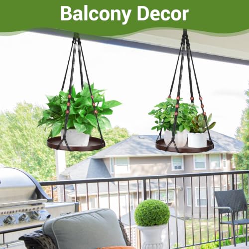 GREANER 1PCS Indoor Hanging Planter Shelf, Brown Hanging Basket with Handmade Cotton and Large Tray, Ceiling Plant Hangers for Wall, Porch, Patio, Balcony, and Window - color: Brown