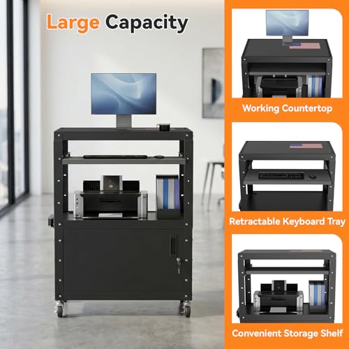 Mobile AV Cart, Adjustable Height Rolling Computer Cart with Pullout Keyboard Tray – Locking Cabinet, 3 Outlets & 2 USB Ports, Lock Brake Casters–Media Utility Cart on Wheels for Home/Office - size: Style 1 18"D x 24"W x 43.3"H