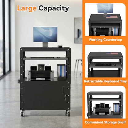 Mobile AV Cart, Adjustable Height Rolling Computer Cart with Pullout Keyboard Tray – Locking Cabinet, 3 Outlets & 2 USB Ports, Lock Brake Casters–Media Utility Cart on Wheels for Home/Office - size: Style 1 18"D x 24"W x 43.3"H