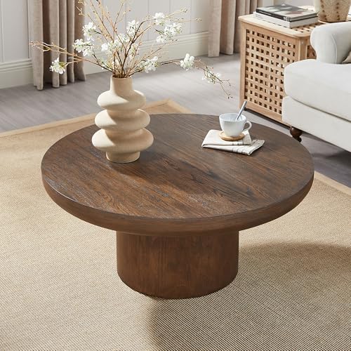 Round Coffee Table 36" Wood for Living Room Large Modern Solid Wooden Drum Circle Farmhouse Center Mid-Century Sofa Side Coffee Tables for Apartment Home Furniture Cocktail Tea Brown Easy Assemble - color: 36" Brown