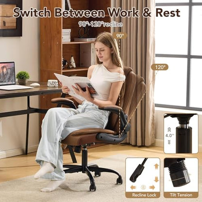 YFO Leather Office Ergonomic Home Office Desk Chair, Back Support Swivel Executive Office Chair with Wheels and Flip-Up Armrests, Small Gaming Chair with Adjustable Rocking Function, Brown - color: Brown