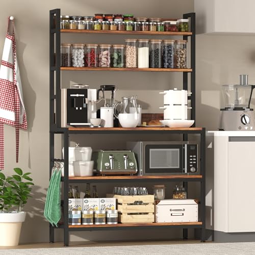 Kitchen Bakers Rack with Storage Shelves,5-Tier Free Standing Storage Shelf Rack with Hooks,Industrial Microwave Stand Shelf for Dining Room - size: without power outlet